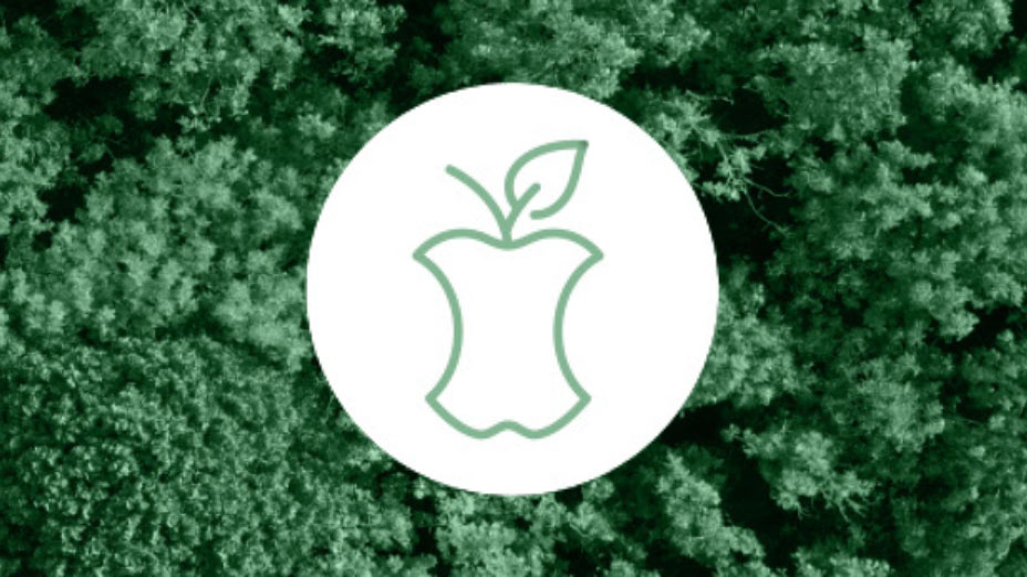 Apple core icon in green over green-washed image of tree tops