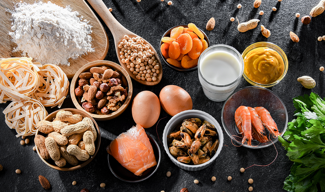 Composition with common food allergens including egg, milk, soya, nuts, fish, seafood, wheat flour, mustard, dried apricots and celery