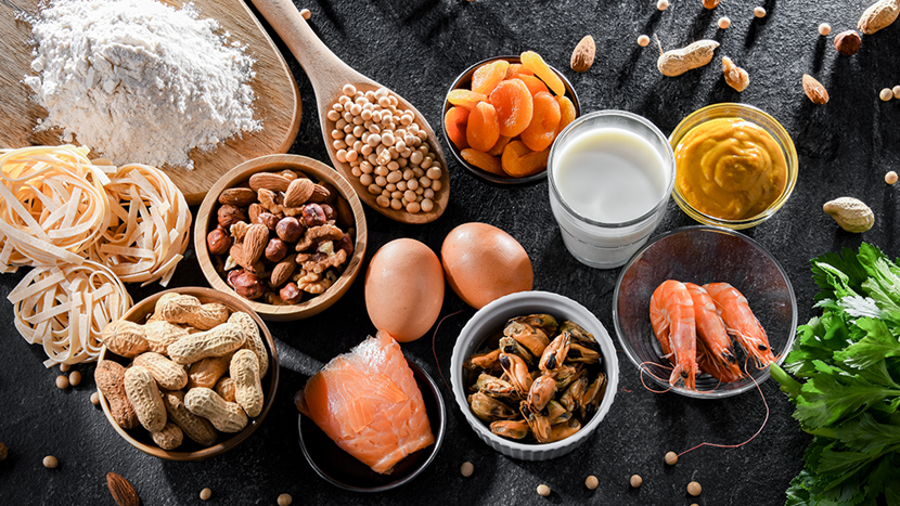 Composition with common food allergens including egg, milk, soya, nuts, fish, seafood, wheat flour, mustard, dried apricots and celery