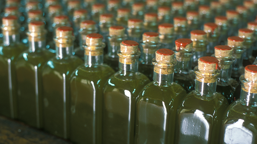 glass olive oil bottles filled with organic extra virgin olive oil