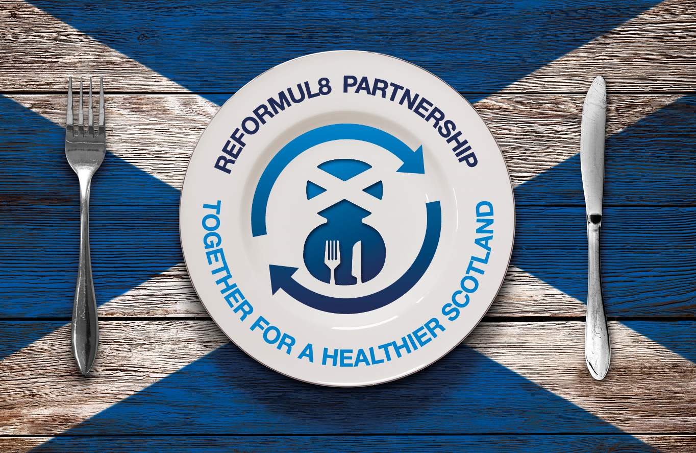 Reformul8 Partnership logo on a plate with Scottish flag