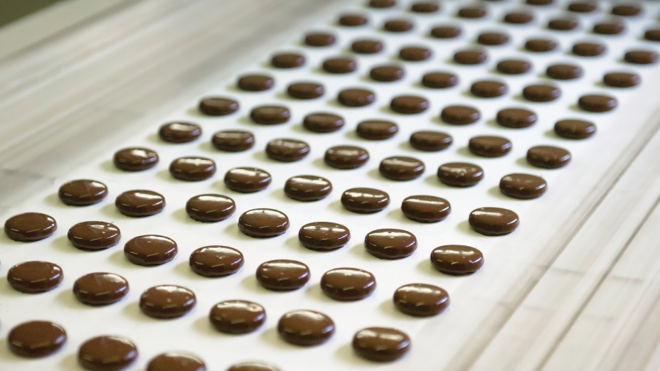 Chocolates on production line in chocolate factory