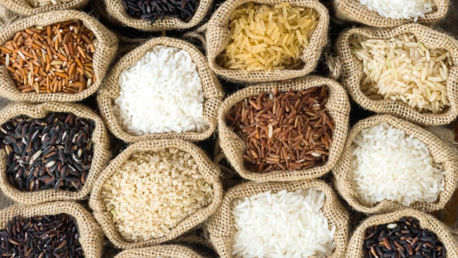 Top view of Thai rice collection in burlap bags