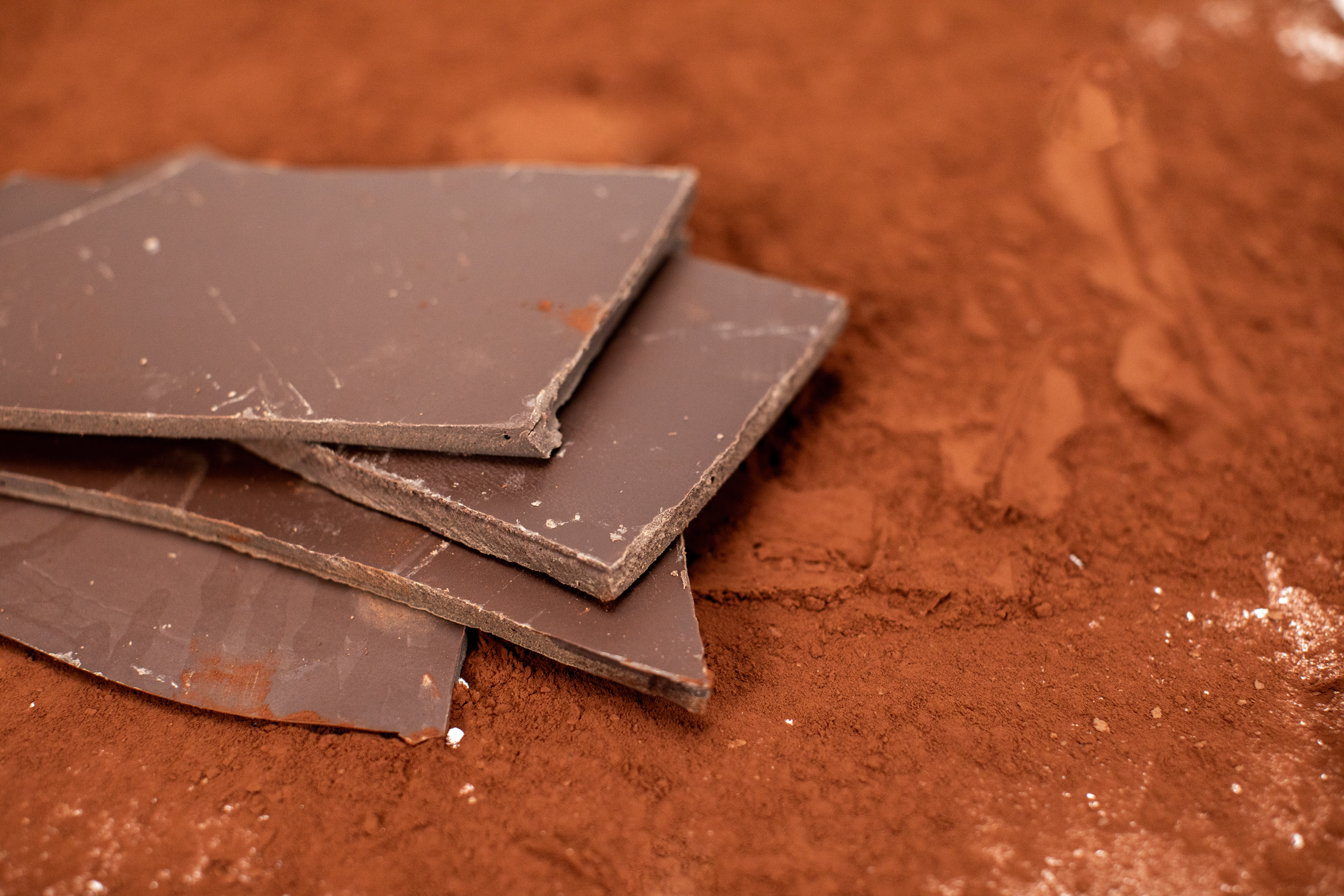 Close up chunks of dark chocolate in cocoa powder.