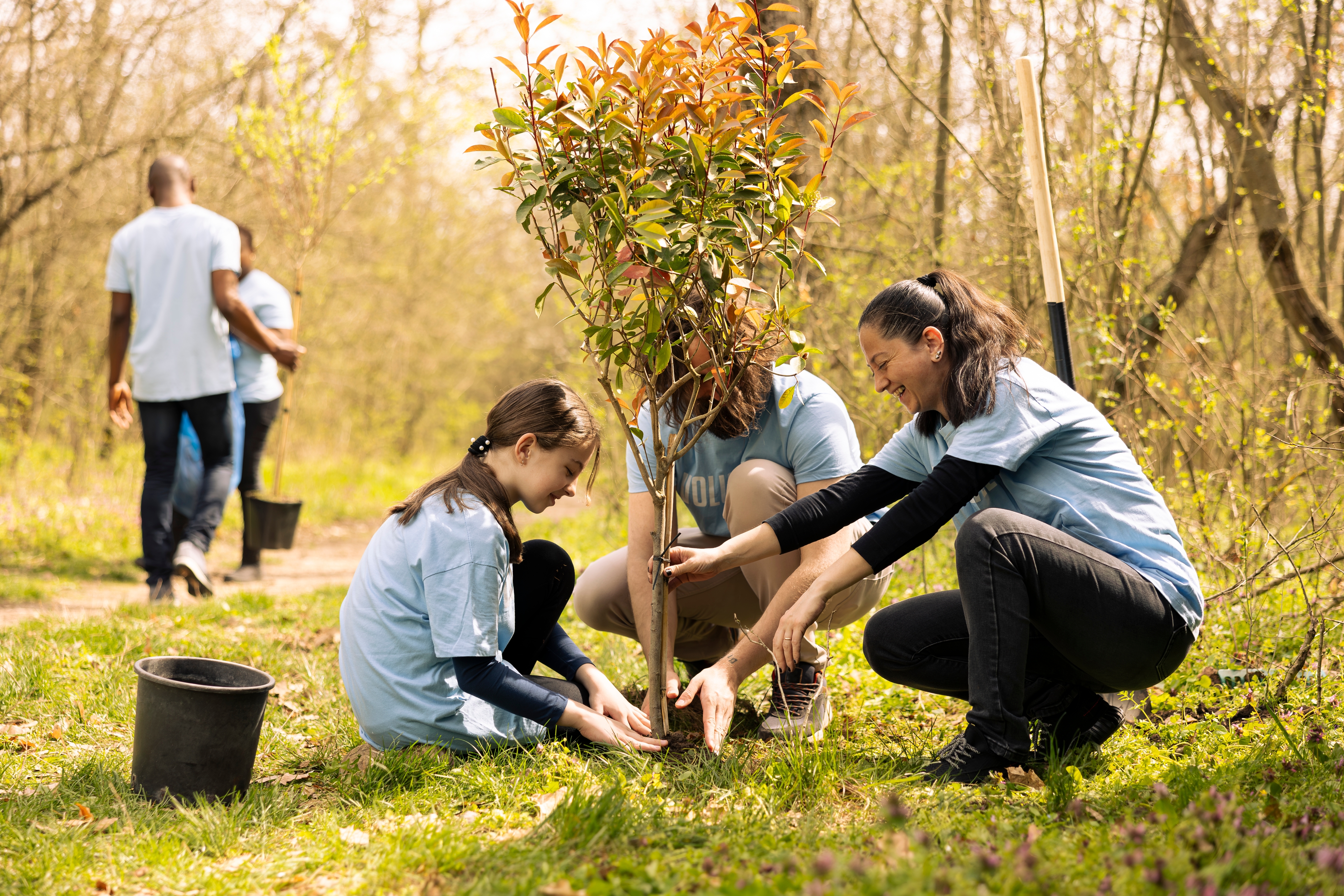 Volunteers and child planting tree for reforestation