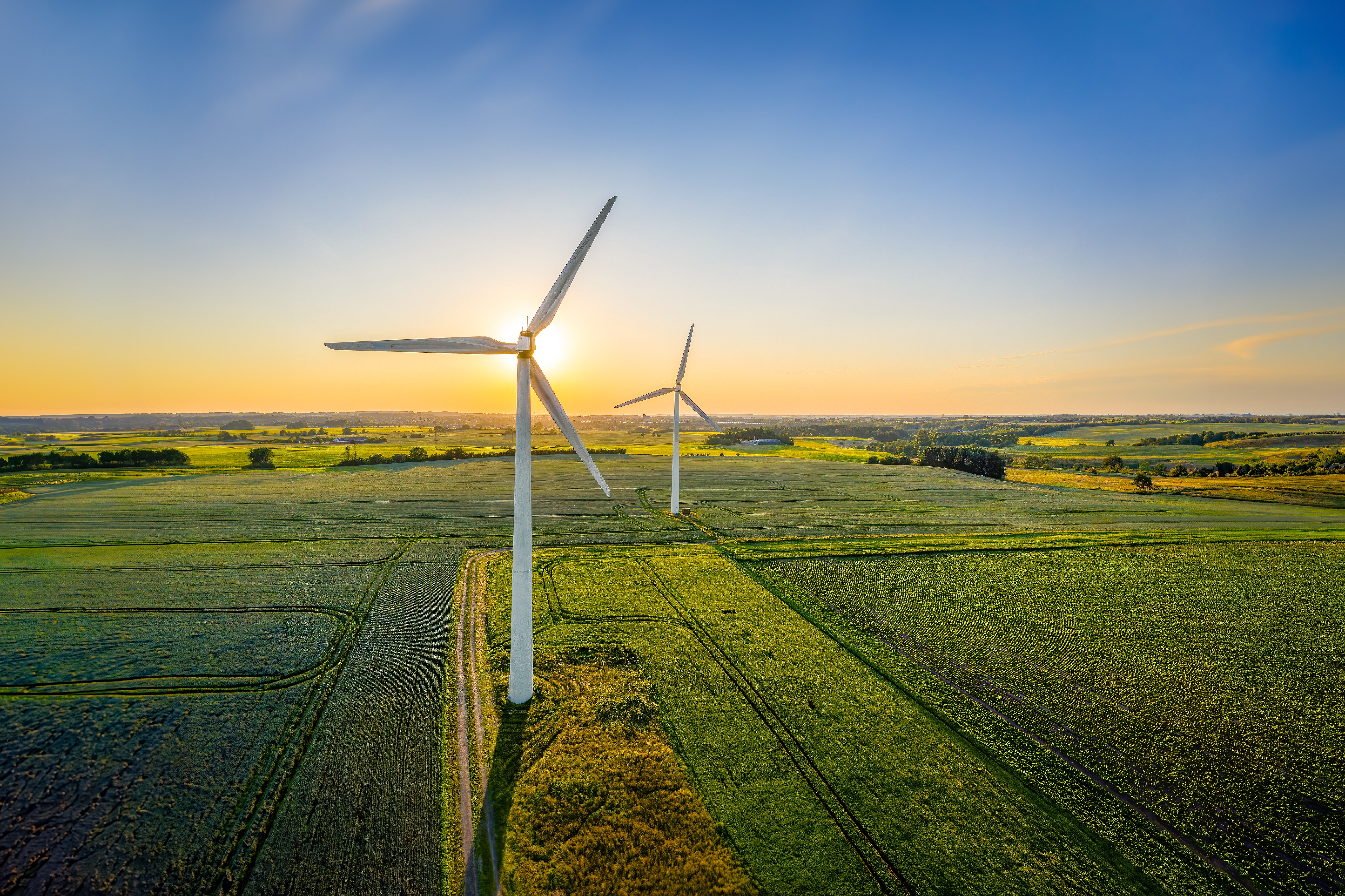 wind turbines in farm fields full of growing crops